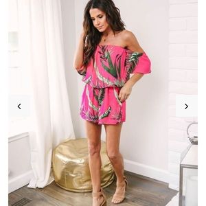 Hot Pink Tropics Romper Off the Shoulder
